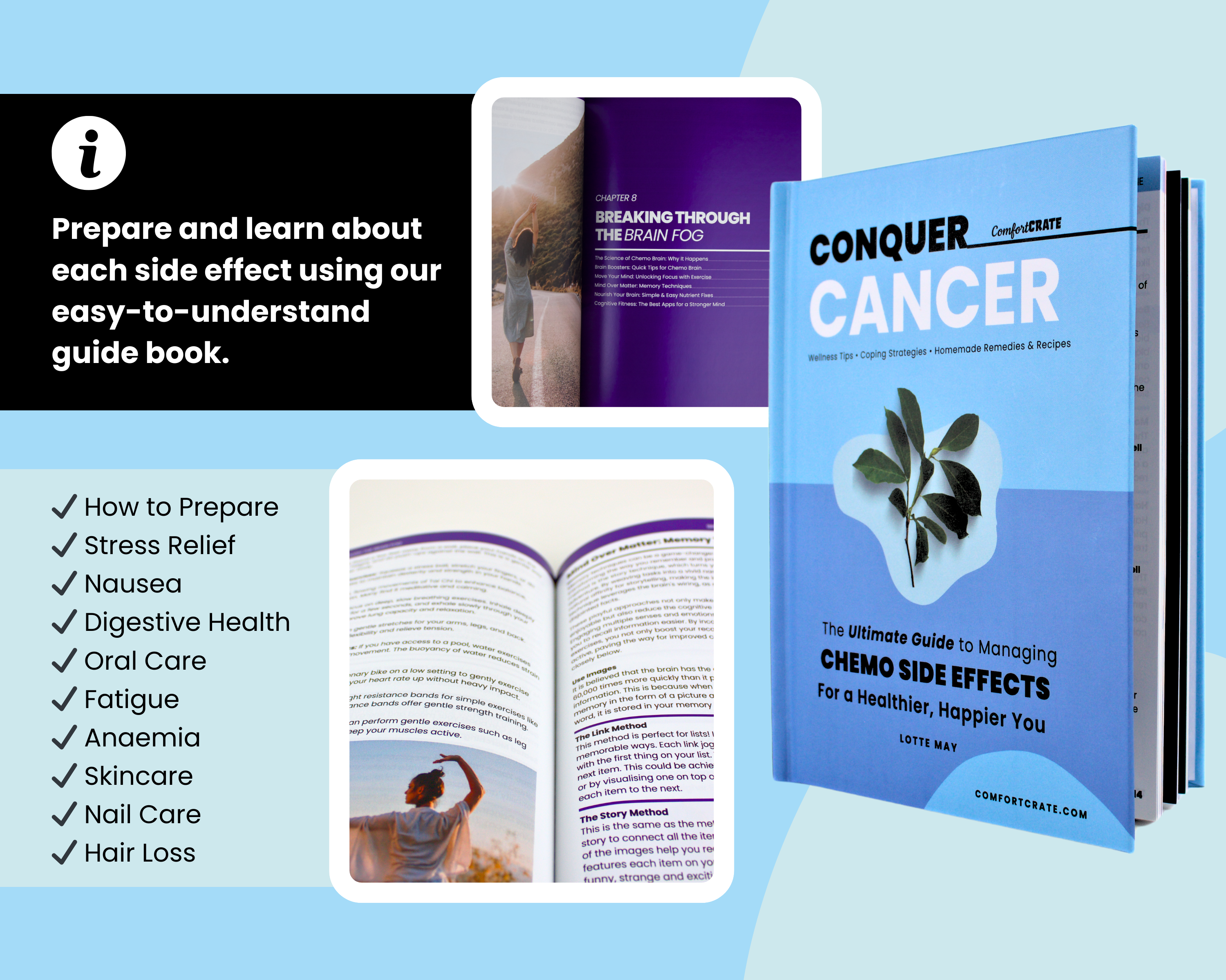 Inside pages of "Conquer Cancer guidebook" showcasing dedicated chapters for managing chemo side effects like nausea, fatigue, and hair loss. A practical and supportive cancer care book.