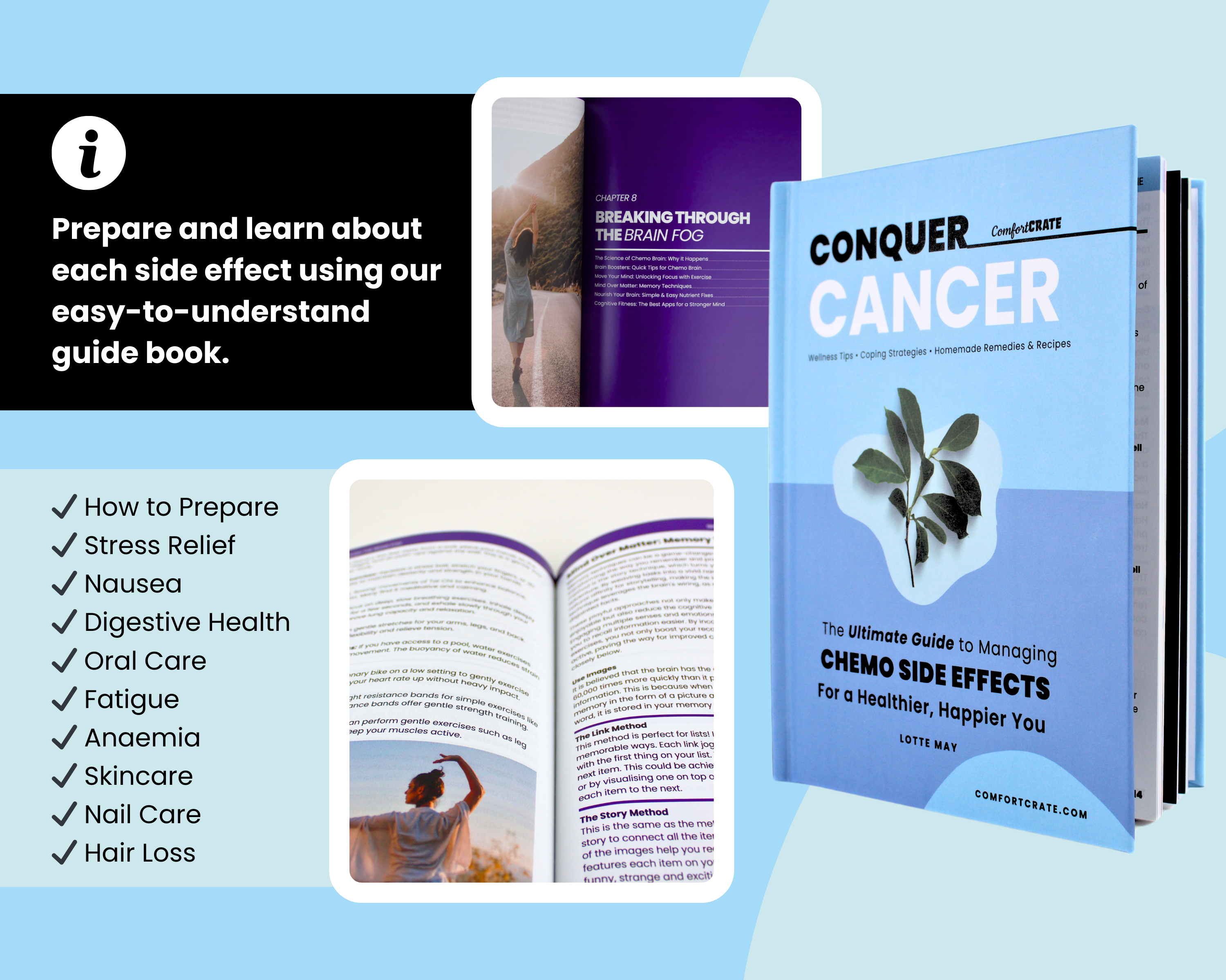 Inside pages of "Conquer Cancer" showcasing dedicated chapters for managing chemo side effects like nausea, fatigue, and hair loss. A practical and supportive cancer care book.