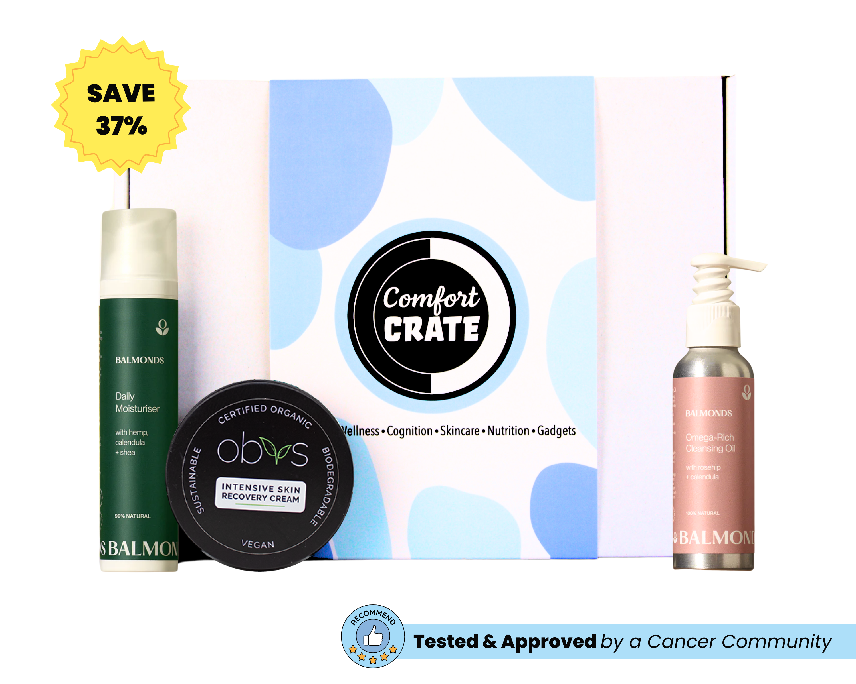 Gift box containing skincare products designed for sensitive skin during chemotherapy.